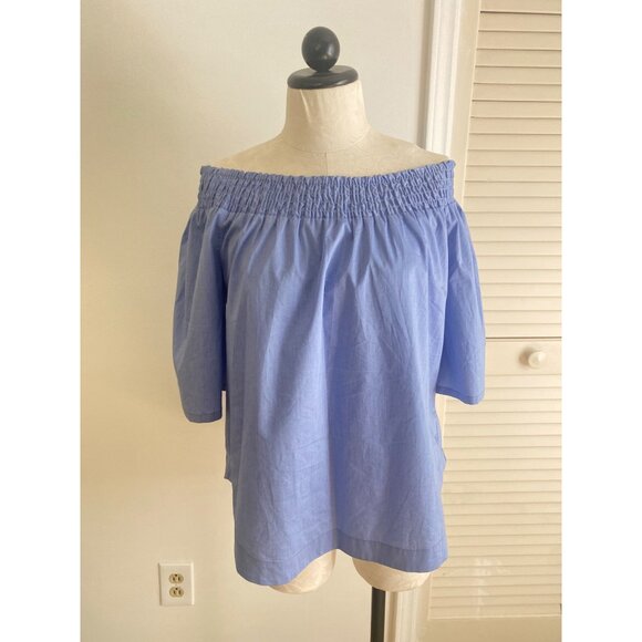 NWT NY&C 7th Avenue Oxford Blue Off-the-Shoulder Smocked Women’s Blouse Size L - Picture 3 of 6
